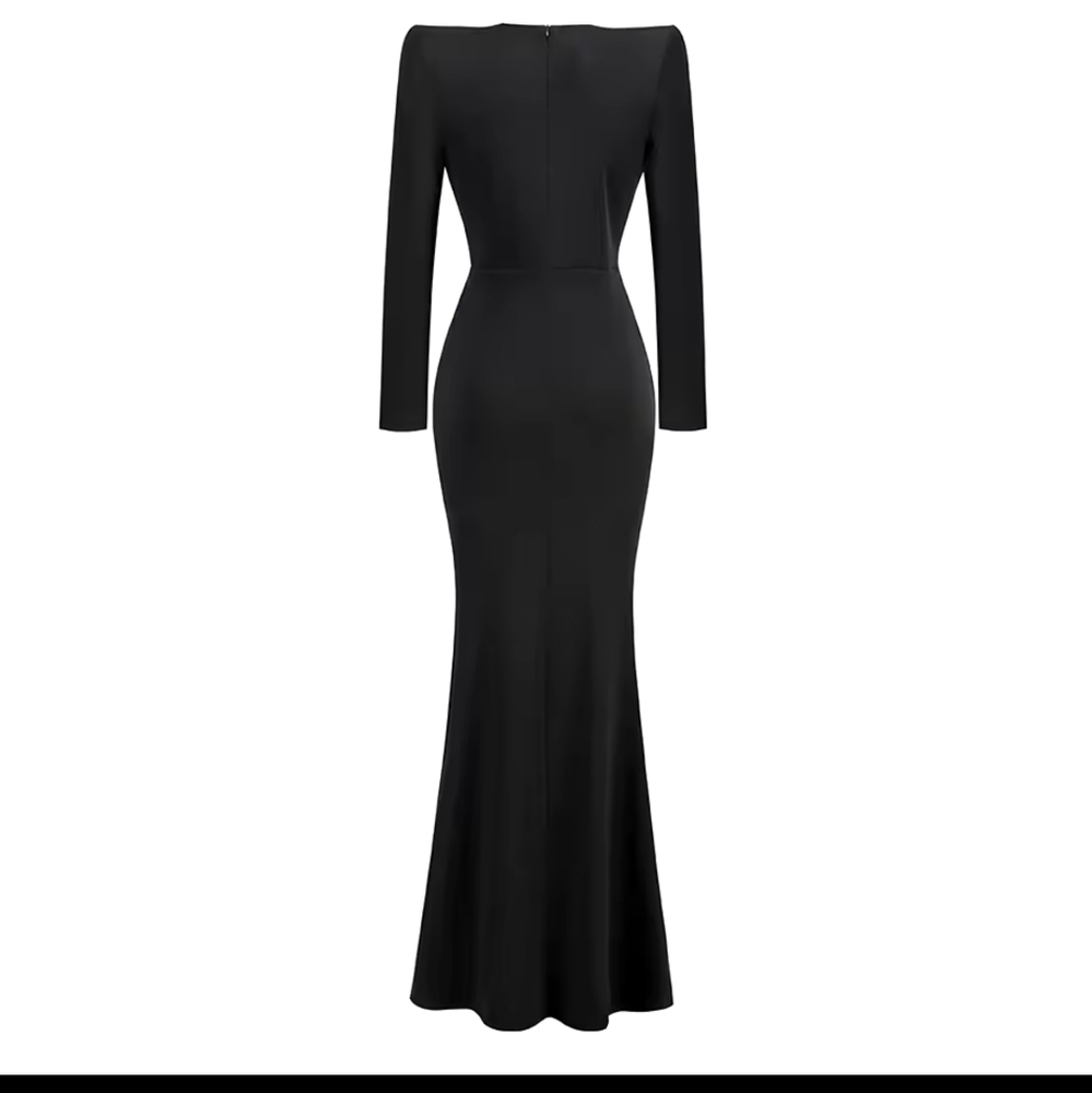 Long Sleeve V Neck Pleated Diamond-encrusted Flower Decorated Bodycon Maxi Dress - Picture 3 of 10